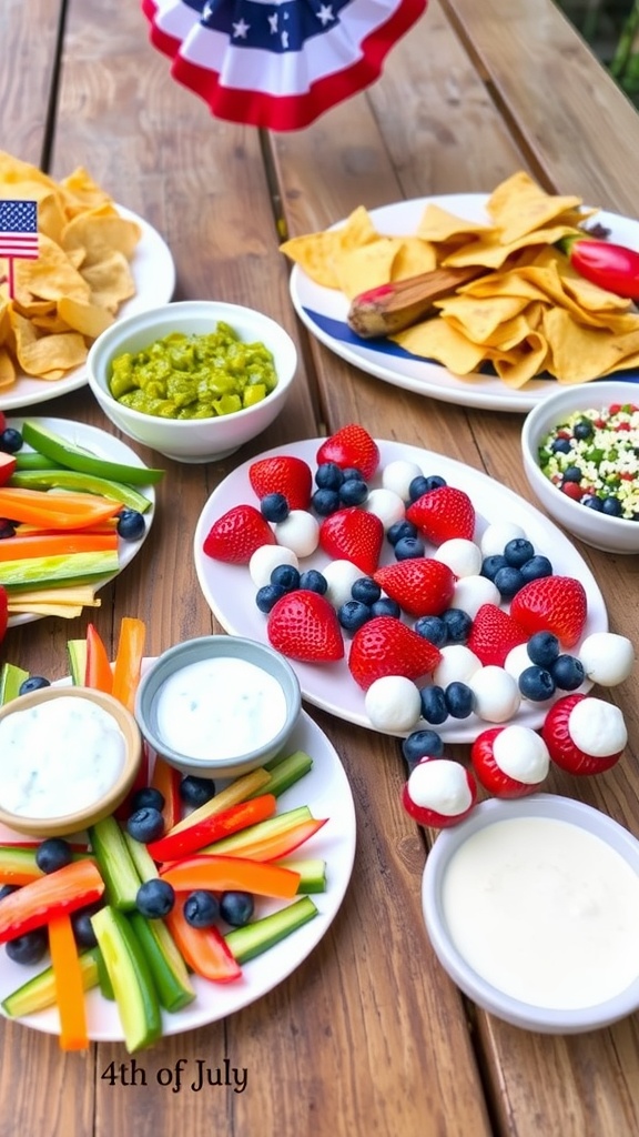 Festive Fourth of July appetizers including fruit skewers, vegetable platter, guacamole, and tortilla chips.